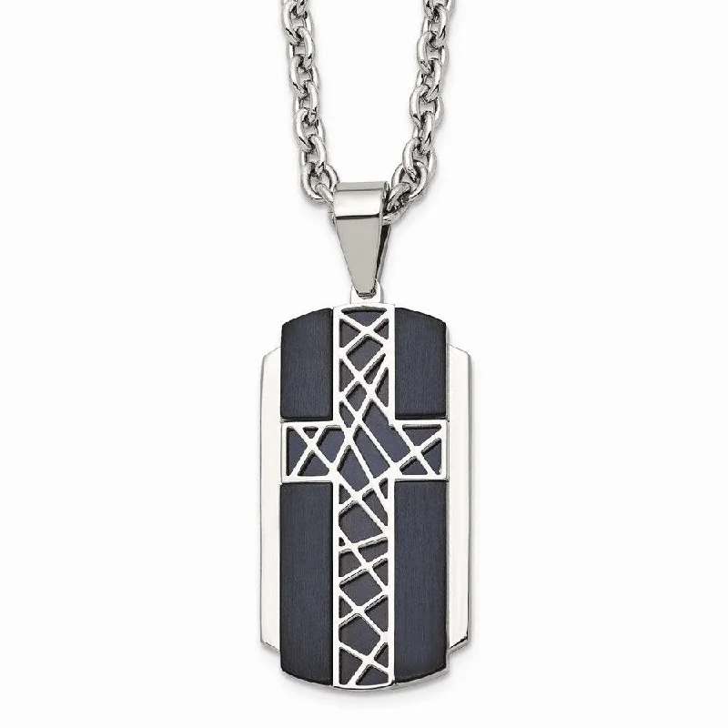 Ladies necklaces allergy-free-Stainless Steel Brushed and Polished Black IP-plated Cross Necklace