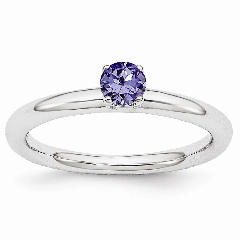 Ladies ring handmade crafts-Rhodium Plated Sterling Silver Stackable 4mm Created Sapphire Ring