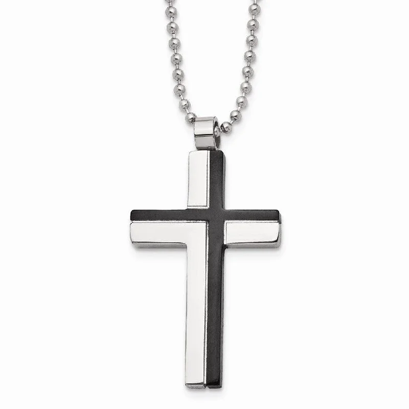 Ladies necklaces international brands-Stainless Steel Polished and Laser Cut Black IP Cross Necklace