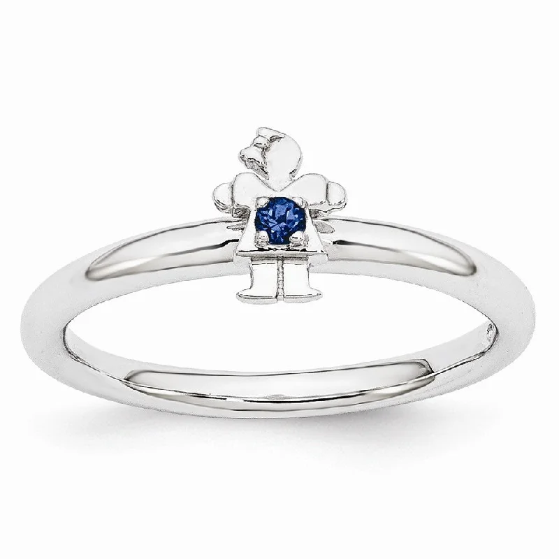 Ladies ring handmade crafts-Rhodium Plate Sterling Silver Stackable Created Sapphire 7mm Girl Ring